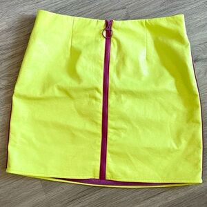 Urban Outfitters Neon Yellow Faux Leather Mini Skirt with Purple Trim & Zipper
